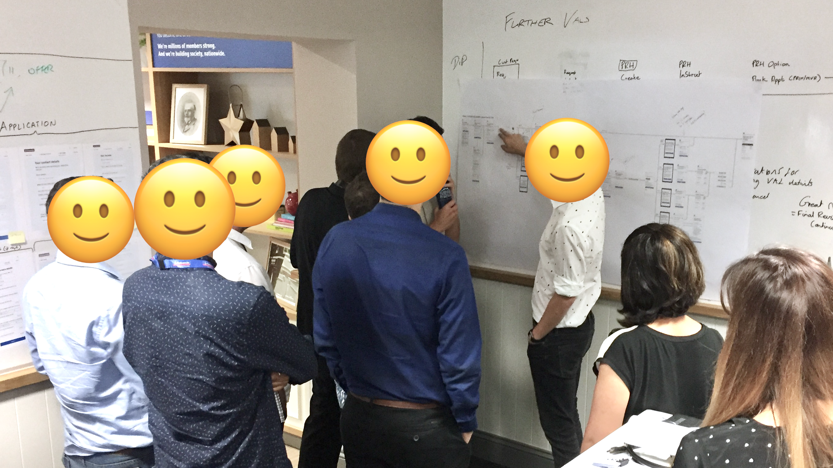 Team gathered around a wall journey map while discussing the further valuations flow.