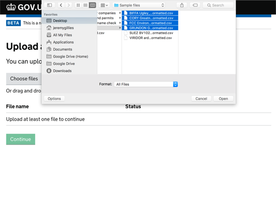 File picker dialog showing multiple CSV files selected for upload in the landfill data prototype.