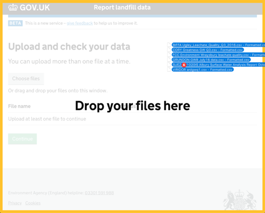 Drag-and-drop upload state with several CSV files over the highlighted upload area.