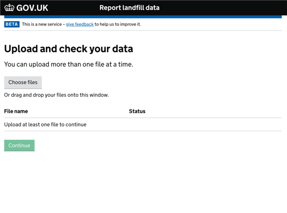 GOV.UK upload-and-check landfill data screen with a file chooser and empty upload list.