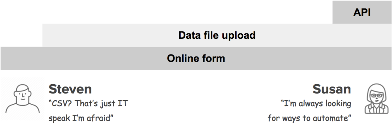 Diagram mapping user types to online form, file upload, and API reporting options.