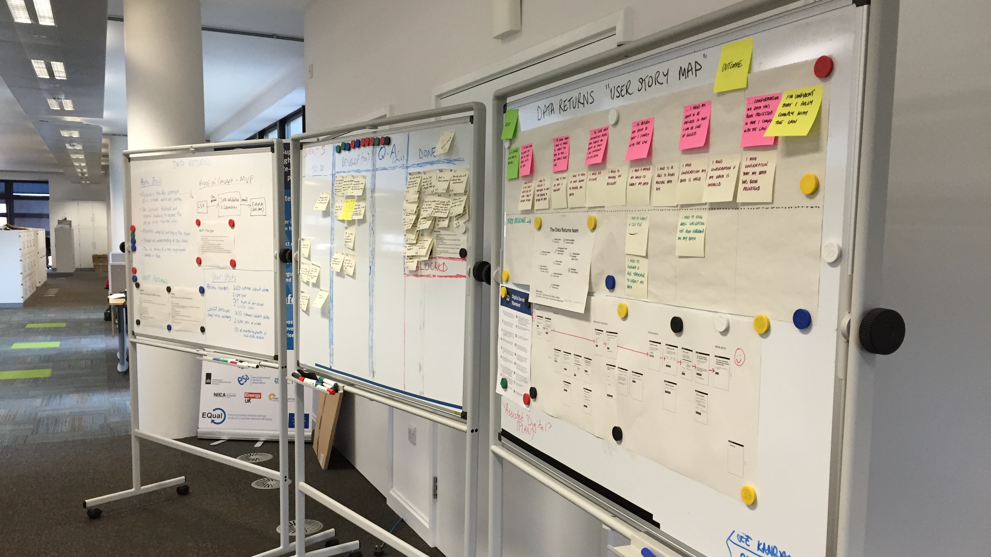 Workshop whiteboards with a landfill data service story map, QA notes, and planning.