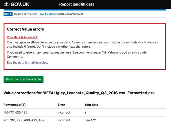 Corrections screen explaining invalid values and listing affected rows in an uploaded file.