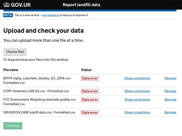Upload results list showing CSV files with data errors and links to view corrections.